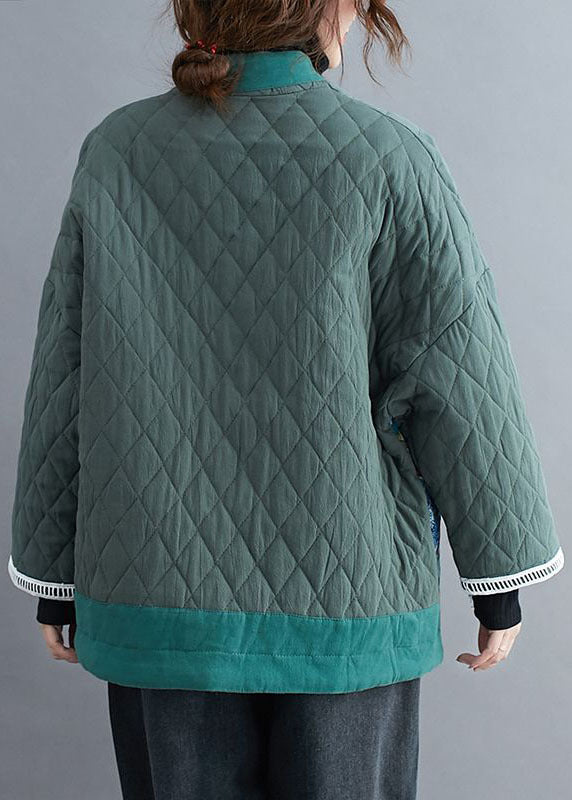 Green Embroideried Patchwork Fine Cotton Filled Winter Coats