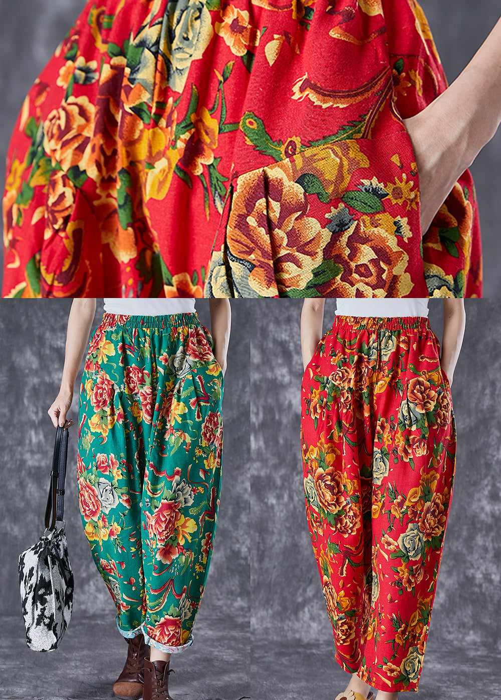 Green Oversized Print Cotton Harem Pants Summer