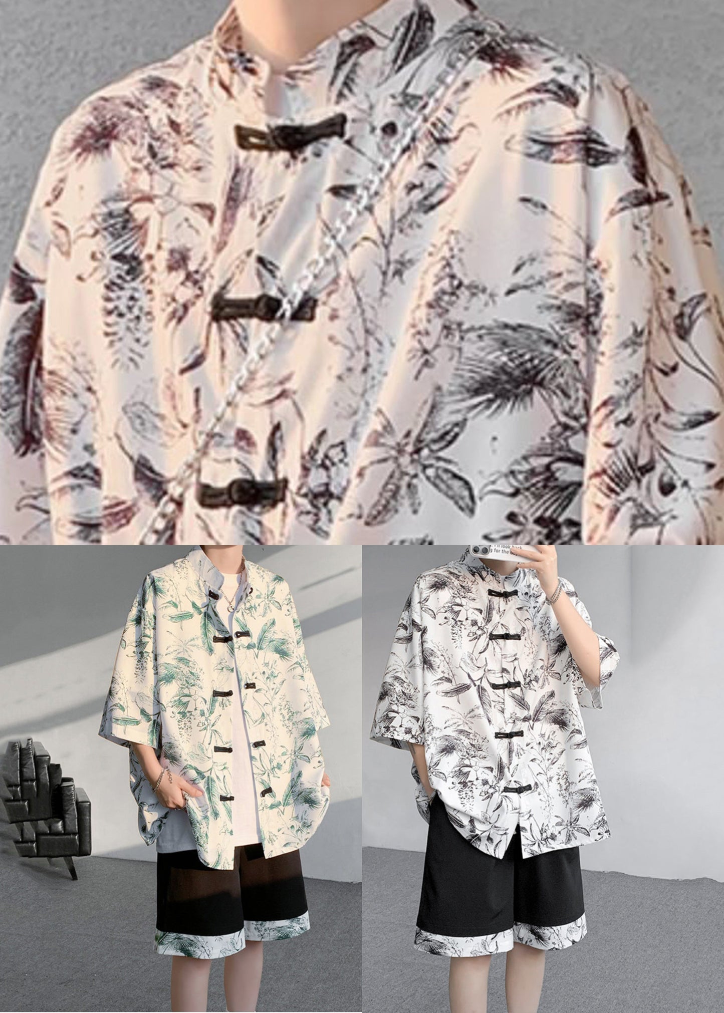 Green Print Patchwork Shirt and Shorts Two Pieces Set Summer