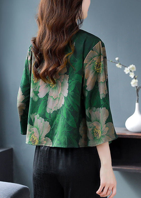 Green Stand Collar Print Patchwork Silk Shirt Spring