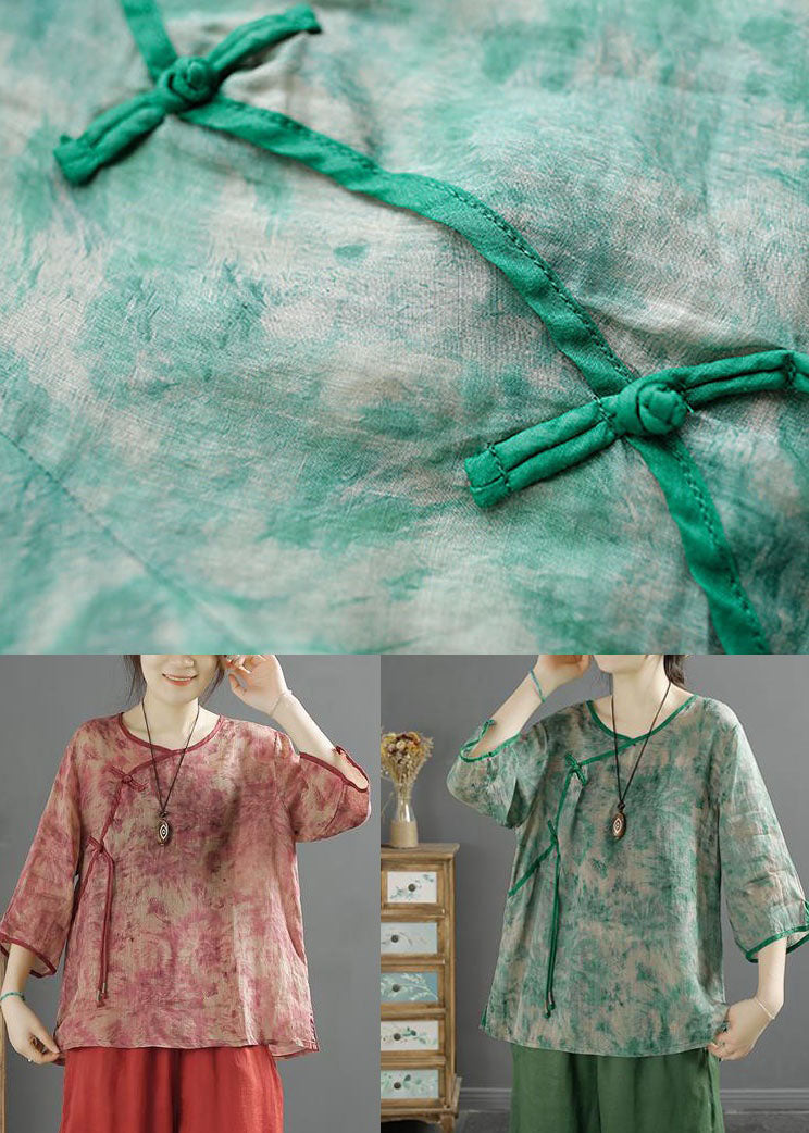 Green V Neck Tasseled Print Patchwork Linen Tops Summer