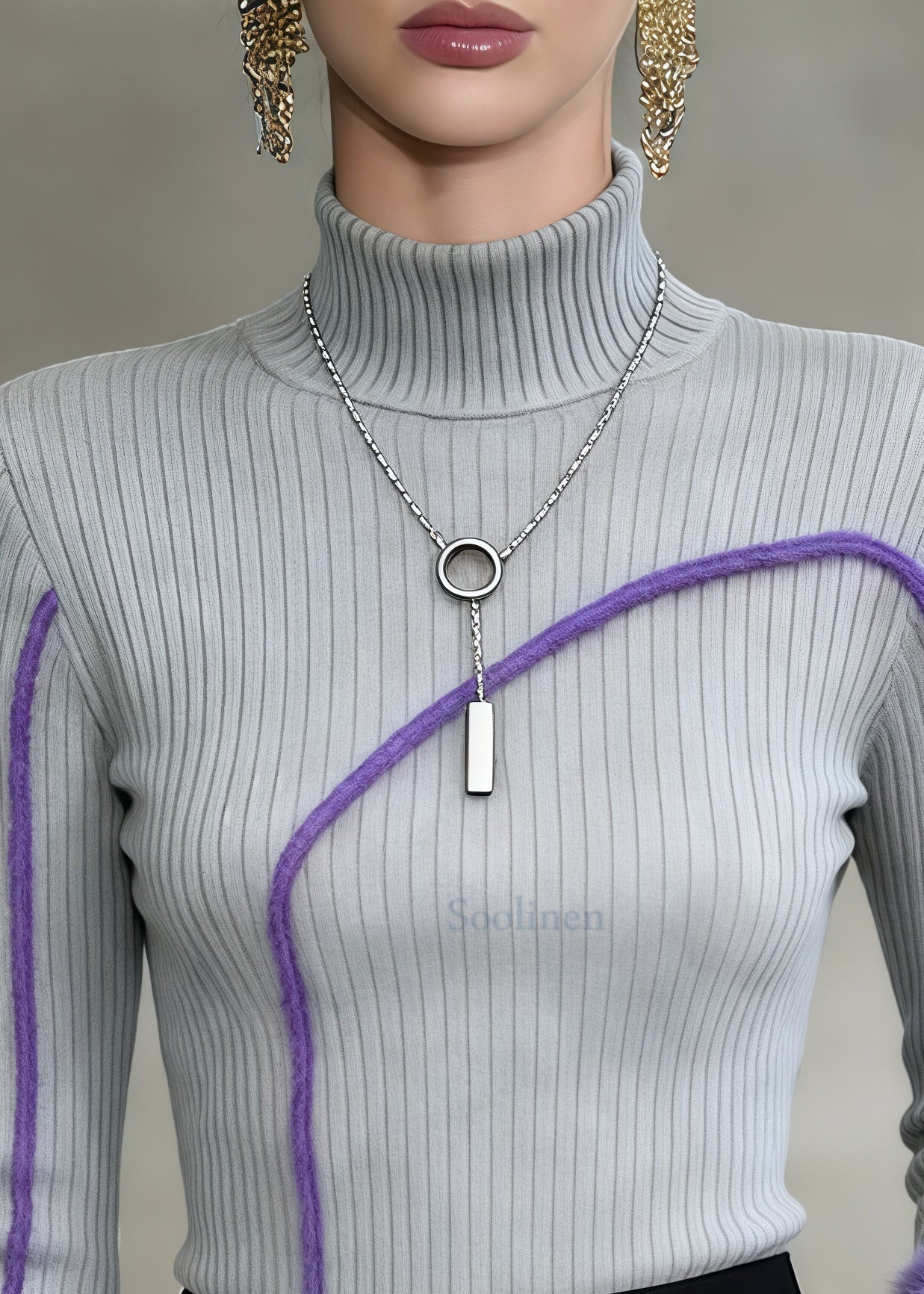 Grey High Neck Patchwork Faux Fur Sweater Tops Winter