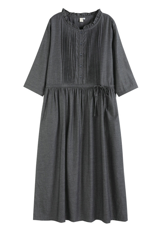 Grey Wrinkled Drawstring Ruffled Linen Dresses Bracelet Sleeve