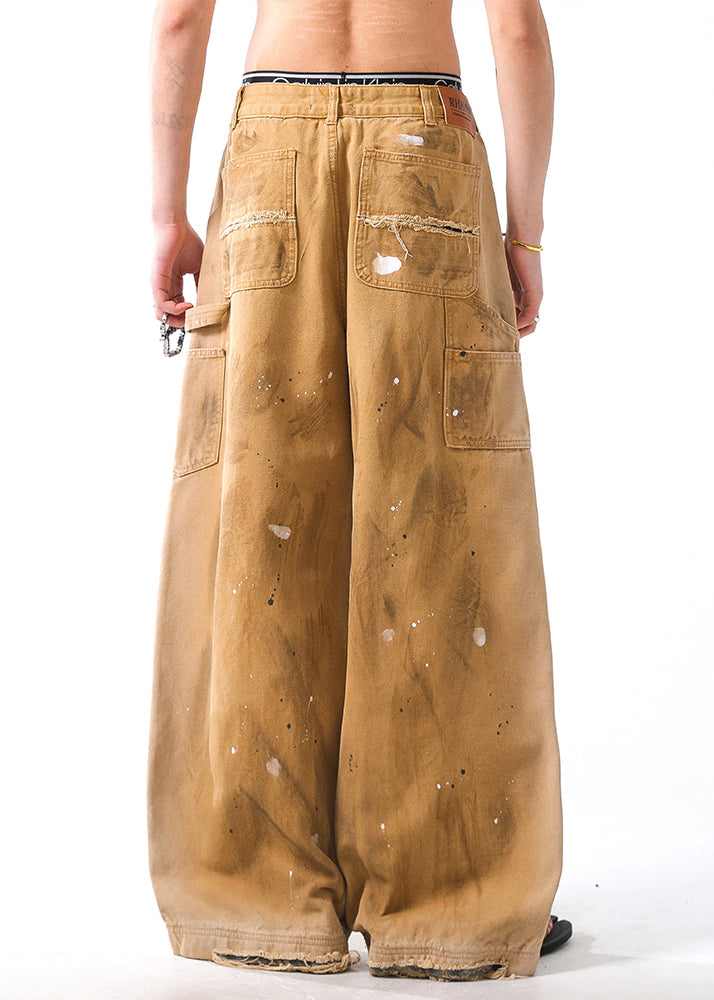 Khaki Hole Graffiti Pockets Denim Wide Leg Pants Fall