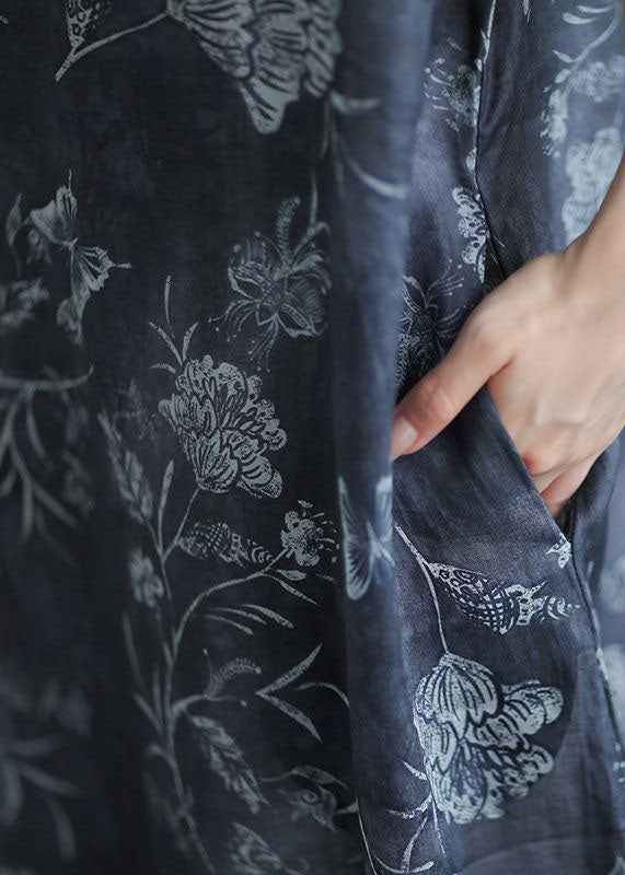 Navy O Neck Print Pockets Patchwork Linen Long Dresses Summer