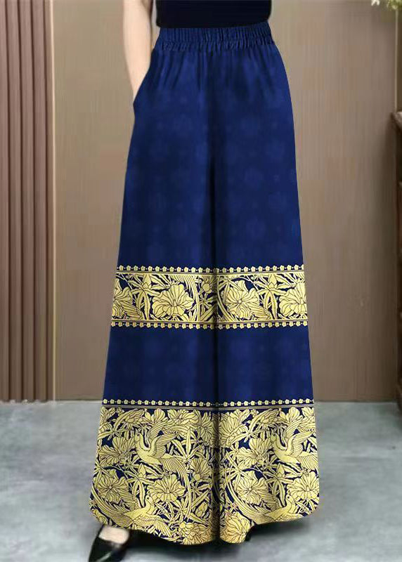 Navy Print Elastic Waist Cotton Wide Leg Pants
