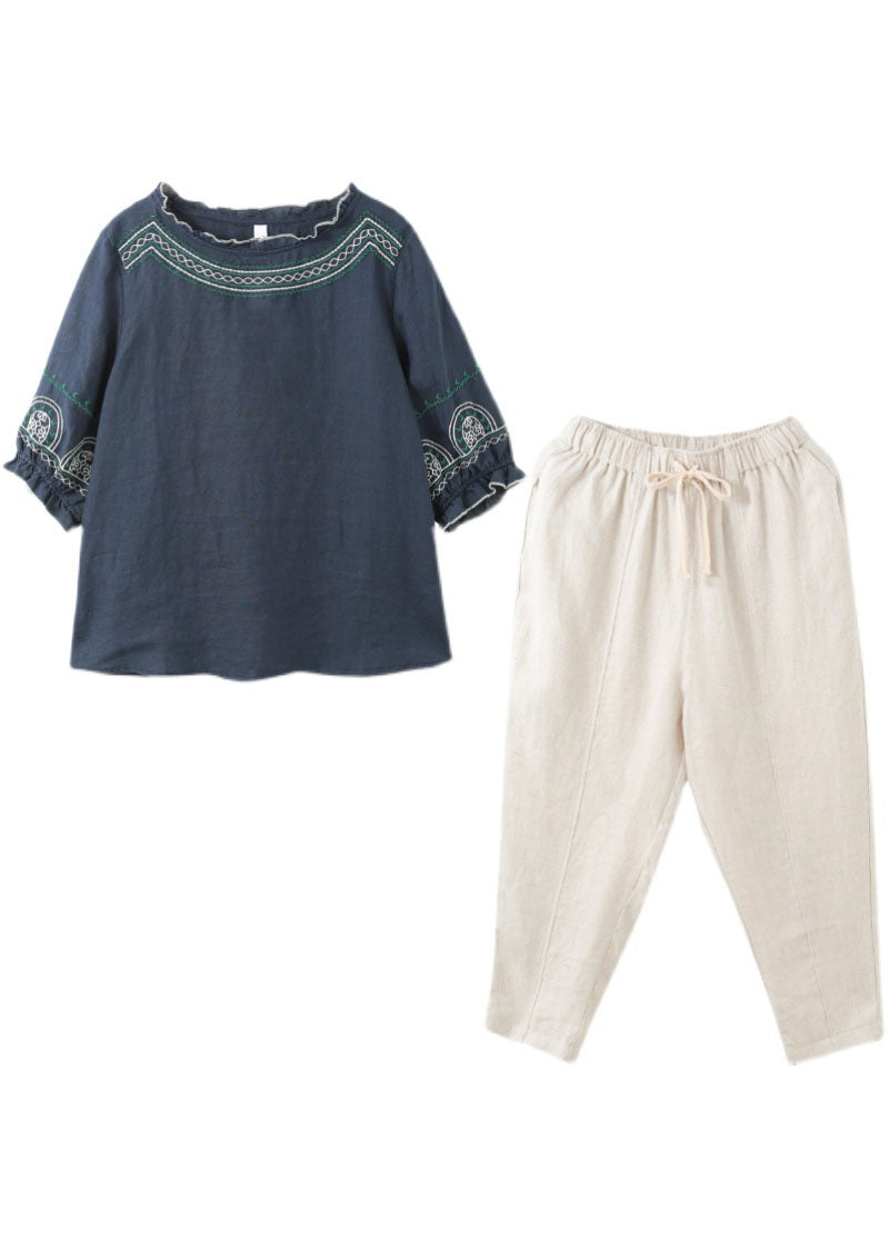 Navy Ruffled Embroidered Linen Tops and Crop Pants Two Piece Set Clothing Half Sleeve
