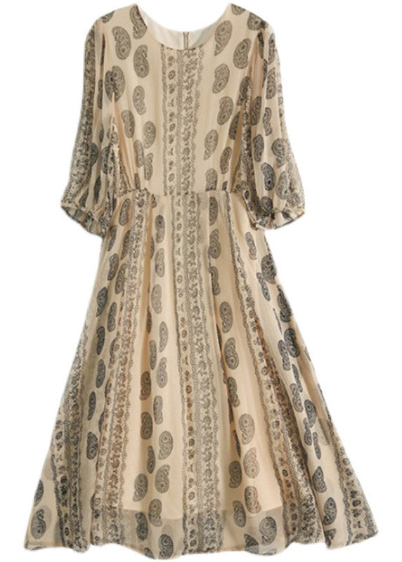 O-neck Print Patchwork Zippered Silk Long Dresses Half Sleeve