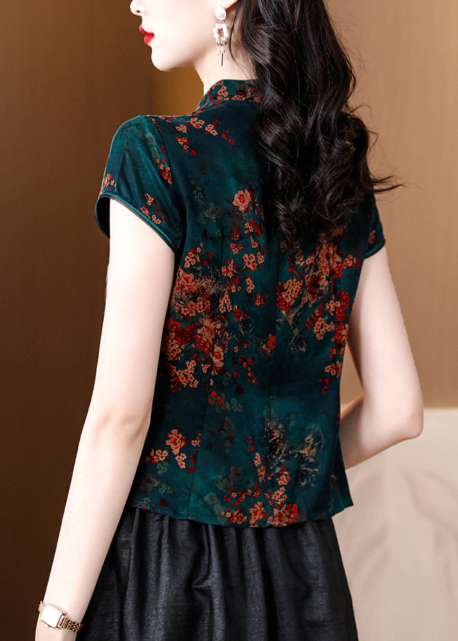 Orange Stand Collar Print Silk Shirts Summer