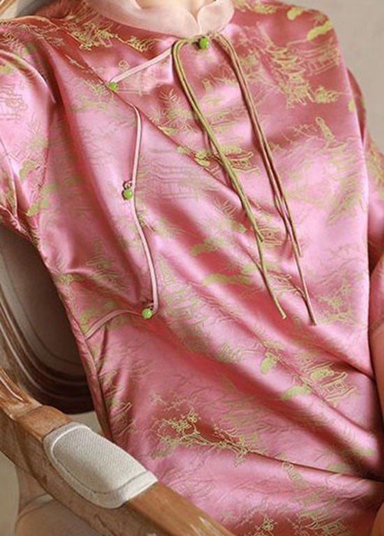 Pink Stand Collar Tasseled Print Patchwork Silk Long Dress Summer