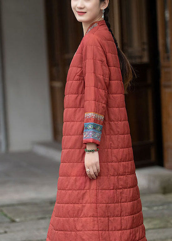 Red Embroideried Oriental Button Fine Cotton Filled Dress Winter