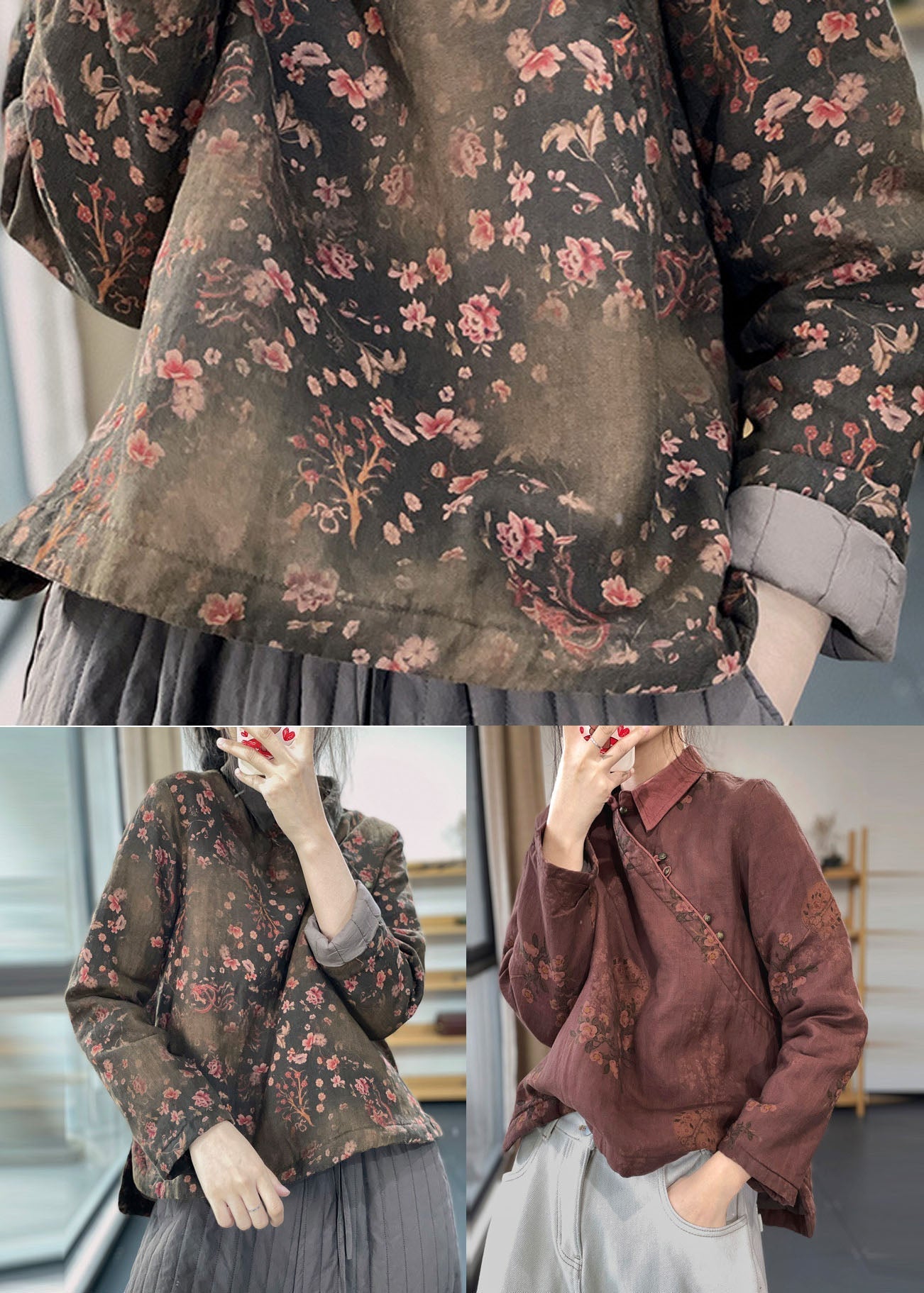 Red Peter Pan Collar Print Cotton Filled Linen Shirt Tops Winter