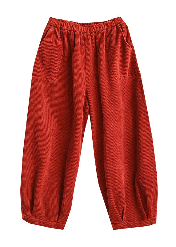 Red Pockets Patchwork Corduroy Lantern Pants Fall