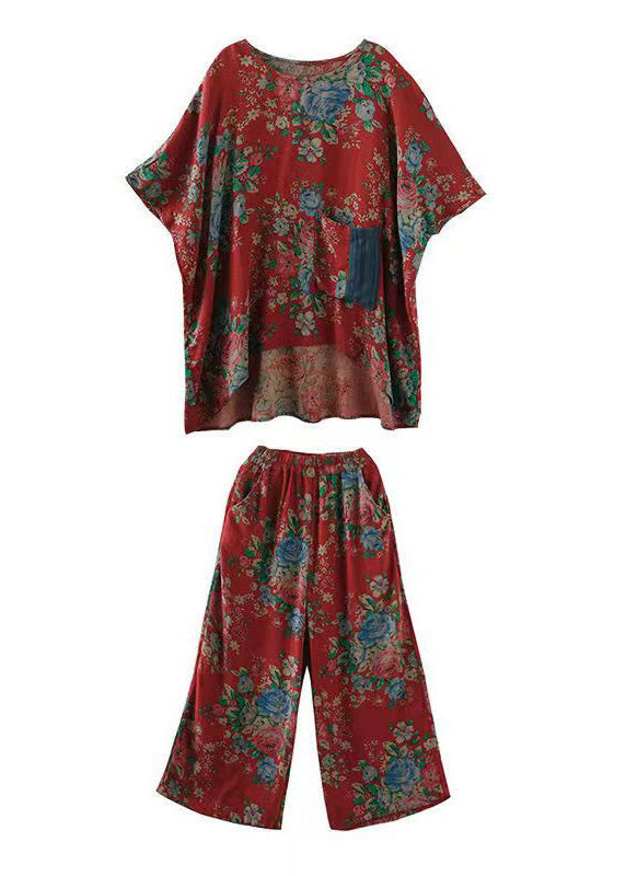 Tie Dye Print Pockets Patchwork Tops and Pants Cotton Two Pieces Set Summer