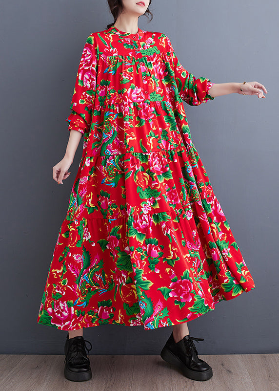 Red Stand Collar Patchwork Wrinkled Maxi Dresses Long Sleeve