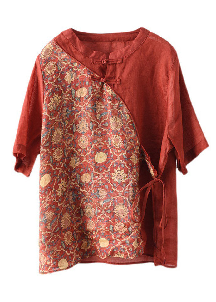 Red Stand Collar Print Tie Waist Linen Shirt Half Sleeve