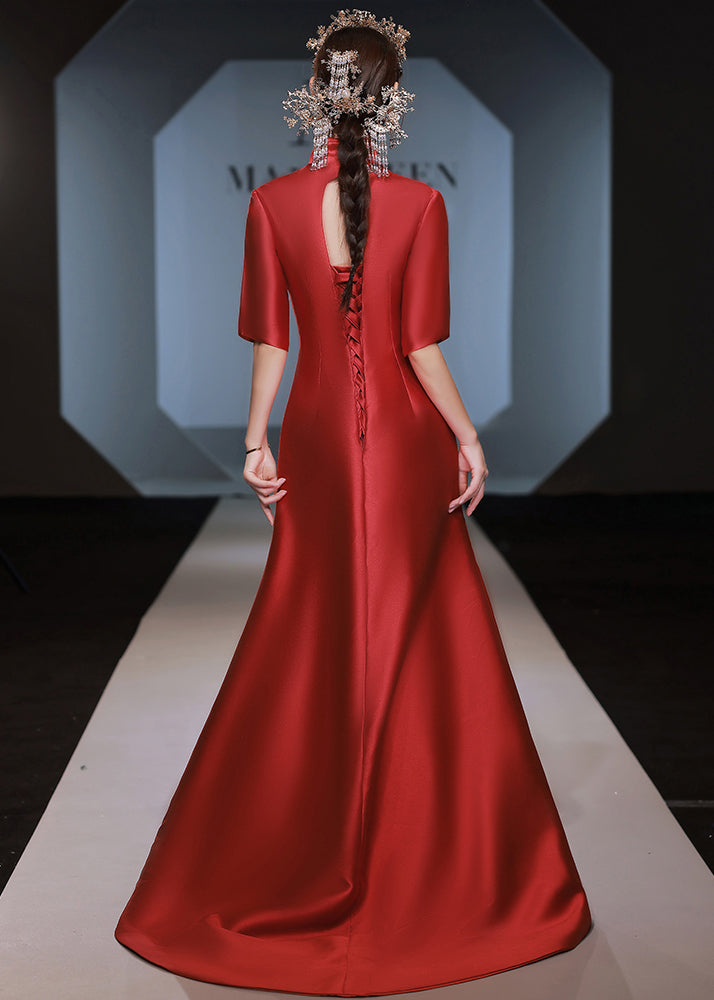 Red Stand Collar Zircon Embroidered Silk Dress Half Sleeve