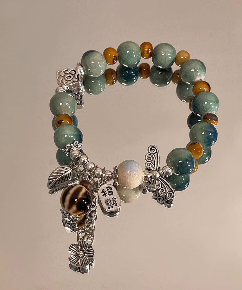 Silk Sterling Silver Jade Ceramics Beads Charm Bracelet