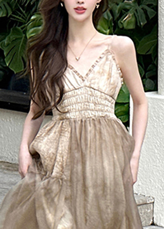 V Neck Patchwork Wrinkled Tulle Long Slip Dresses Sleeveless