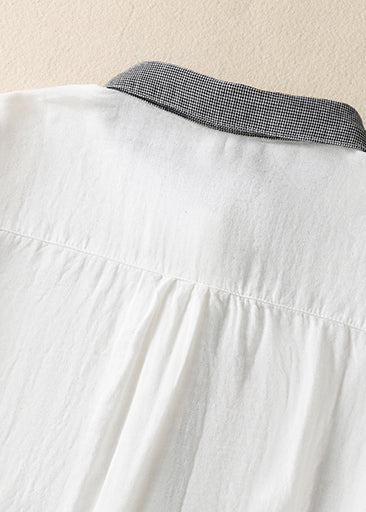 Vintage White Peter Pan Collar Patchwork Linen Shirt Top Spring
