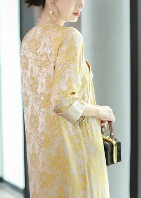 Yellow O Neck Tasseled Print Silk Dress Bracelet Sleeve
