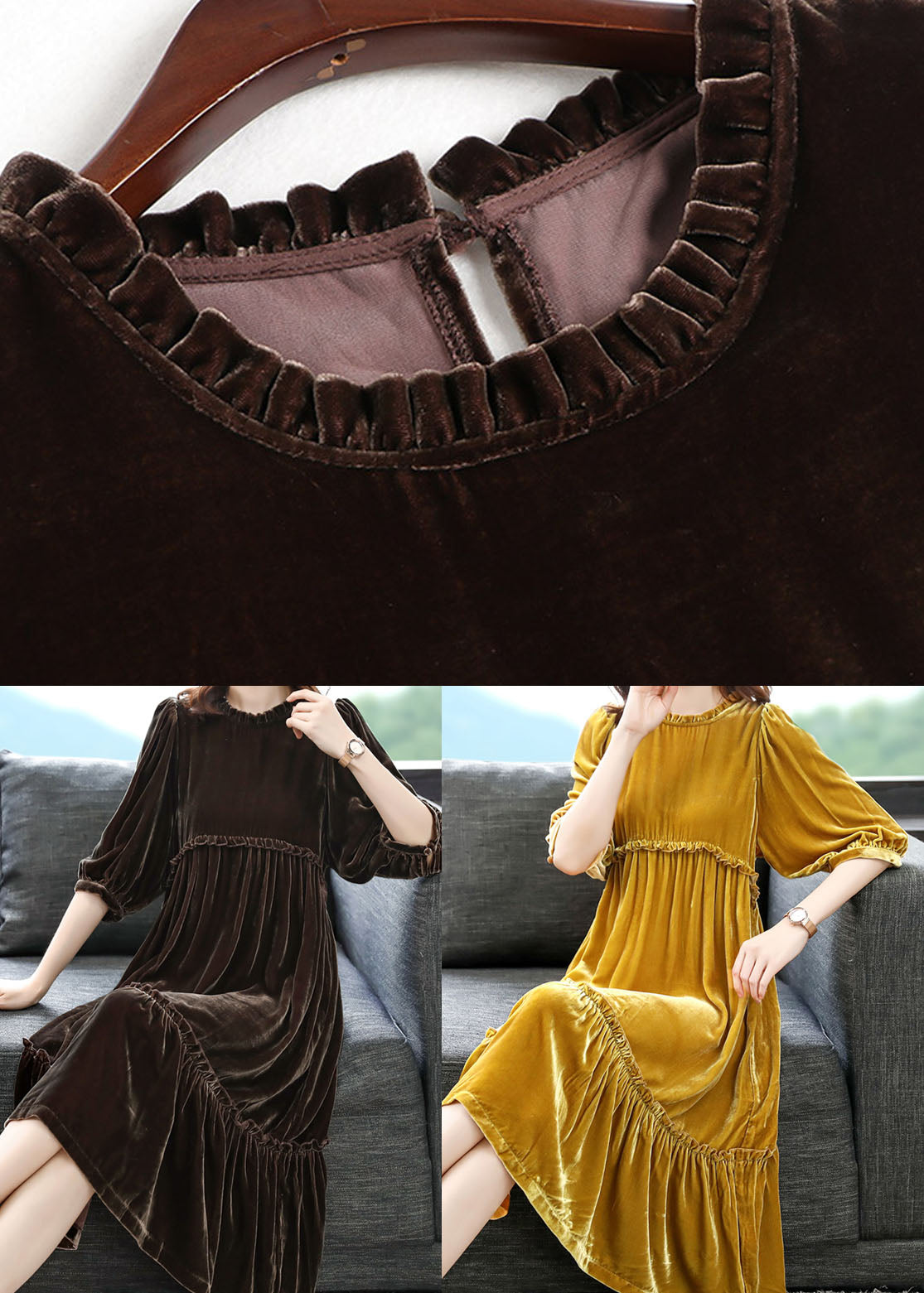 Yellow Wrinkled Velour Dress Half Sleeve