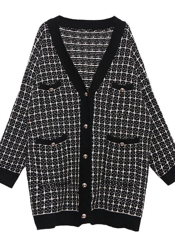 Plaid Black Knitwear V Neck Cardigans