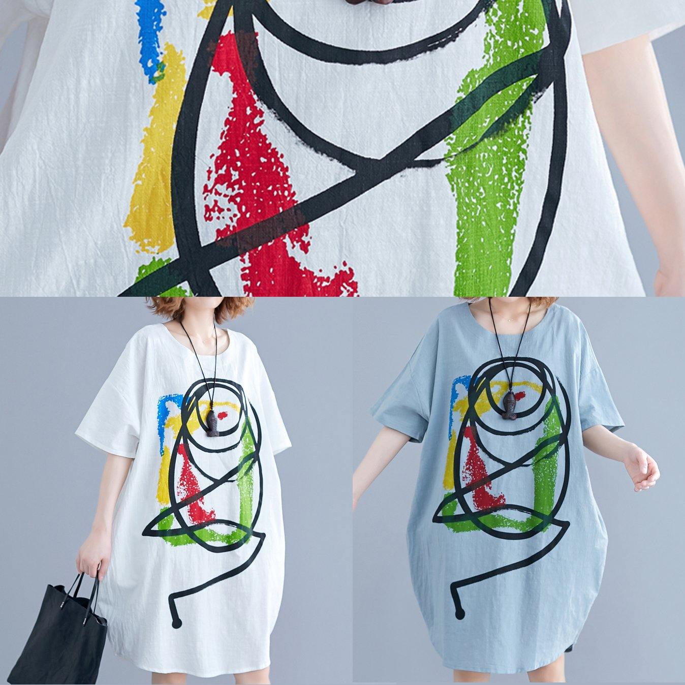 Vivid Cartoon Print Cotton Tunics Tutorials White Short Sleeve Dress Summer