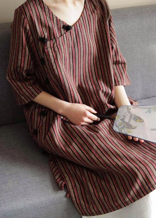 Vivid Chocolate Striped Cotton Dress V Neck Dress