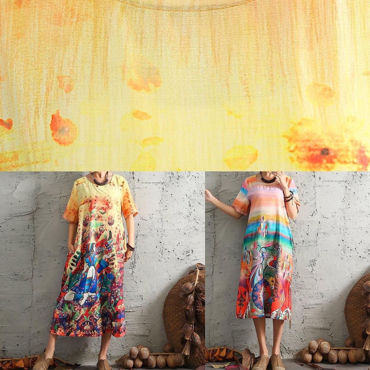 Vivid Red Cartoon Print Cotton Linen Dress O Neck Long Summer Dresses