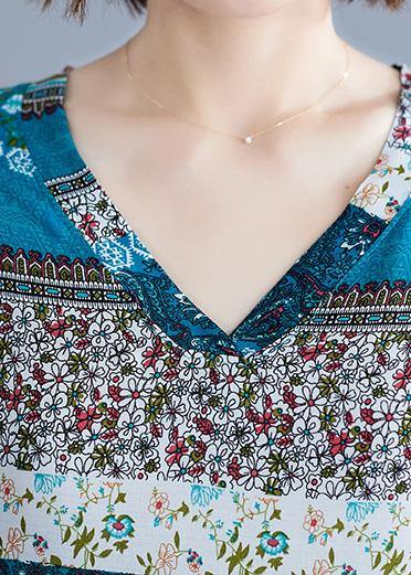 Vivid V Neck Short Sleeve Cotton Quilting Clothes Blue Print Maxi Dresses