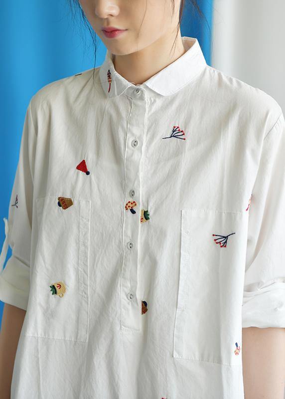 Vivid White Cotton Quilting Clothes Embroidery Loose Fall Dress