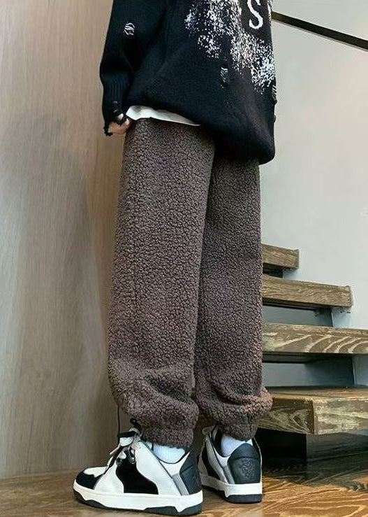 Warm Coffee Elastic Waist Teddy Faux Fur Beam Pants Winter