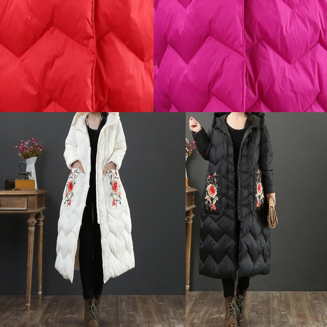 Warm Parka Winter Outwear Beige Embroidery Hooded Duck Down Coat