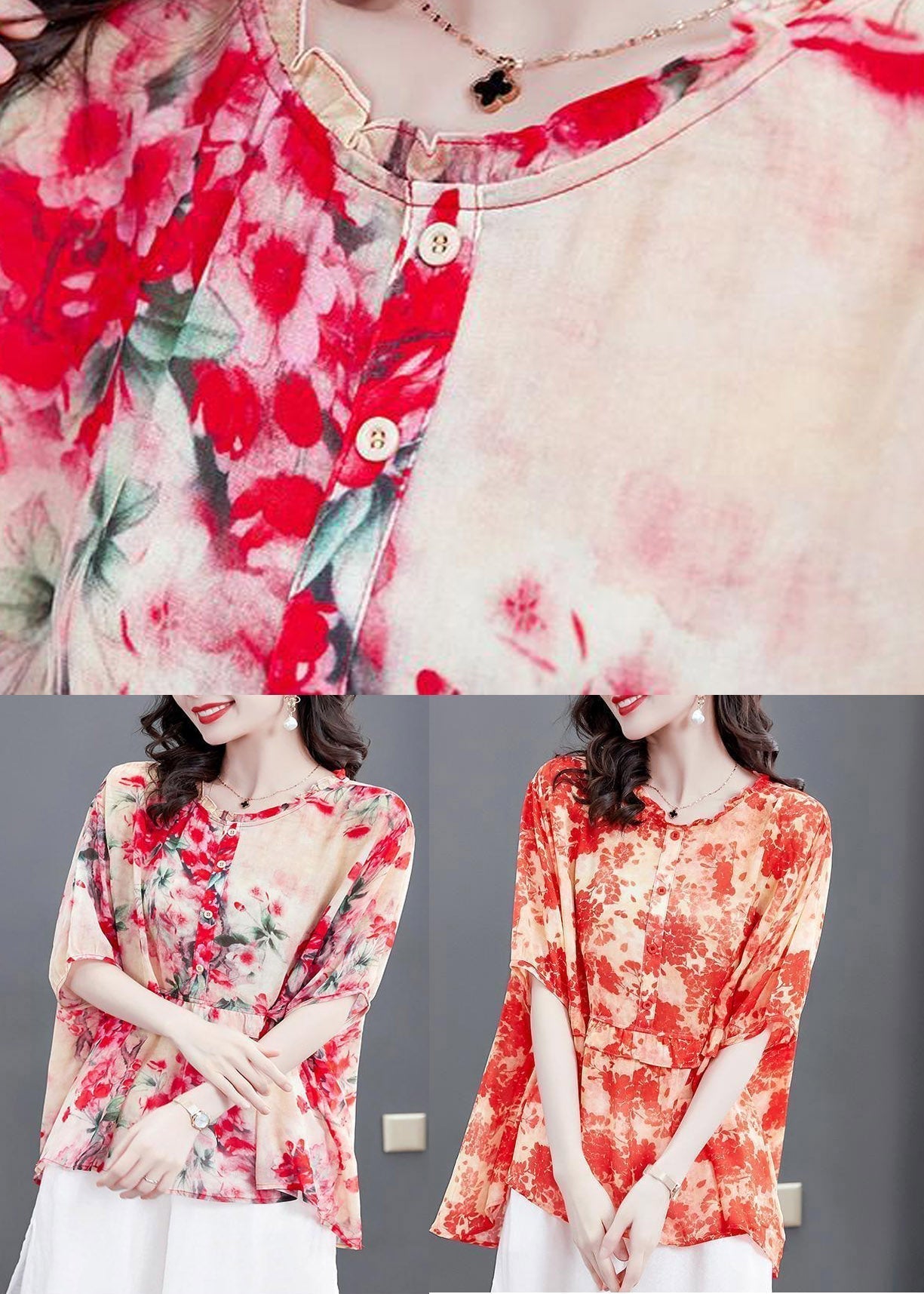 Watermelon Red O-neck Button Chiffon Shirt Short Sleeve