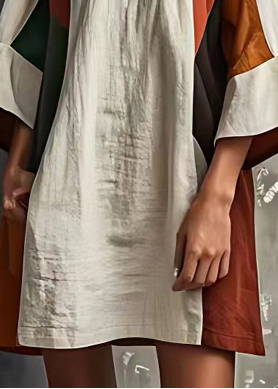 White Patchwork Cotton Vacation Dresses O-neck Flare Sleeve