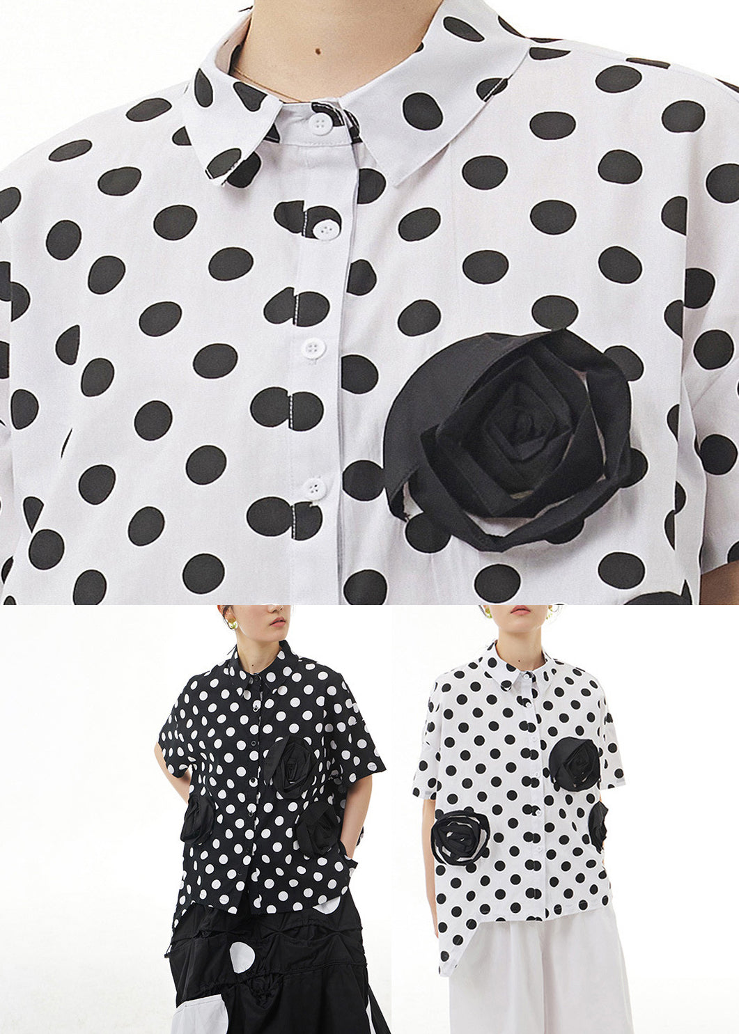 White Patchwork Button Cotton Top Short Sleeve