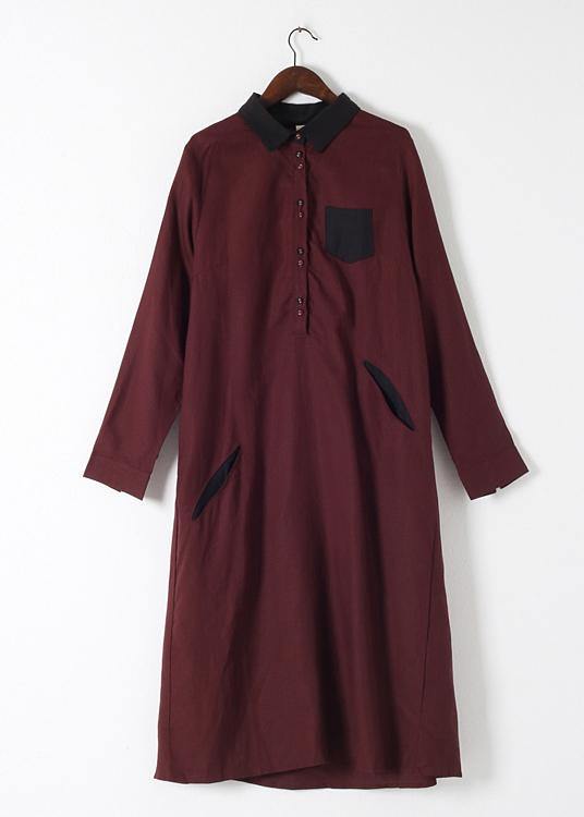 Wine Red Large Linen Long Shirt Dress Robe