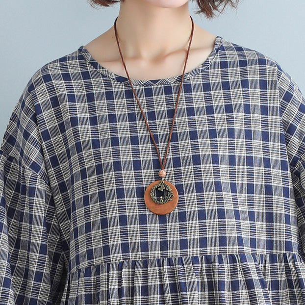 Apparel Loose Plaid Dress Cotton Linen Dresses