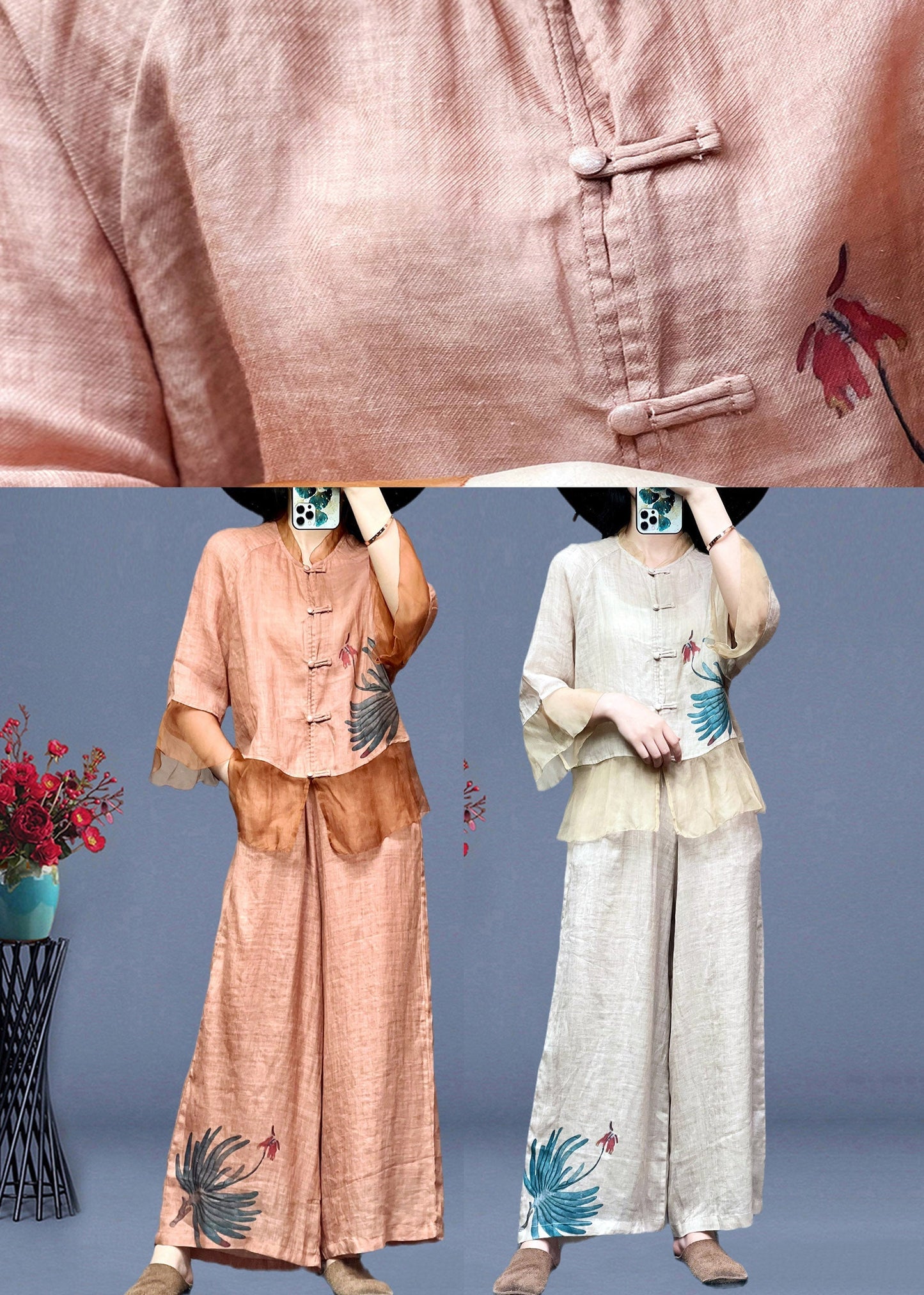 Apricot Stand Collar Tulle Patchwork Linen Shirts and Wide Leg Pants Two Pieces Set Long Sleeve