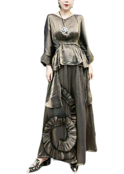 Asymmetrical Tops and Wide Leg Pants Silk Two Piece Suit Set Batwing Sleeve