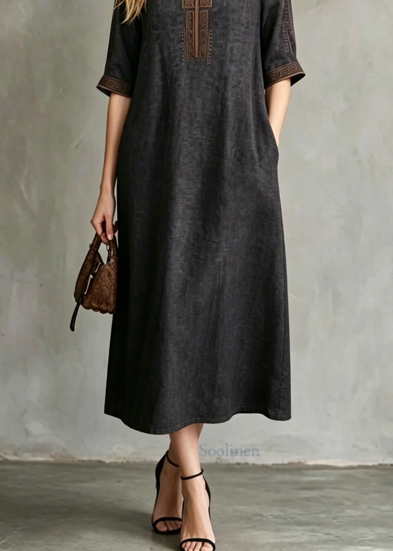 Black Embroidered Button Silk Maxi Dresses Summer