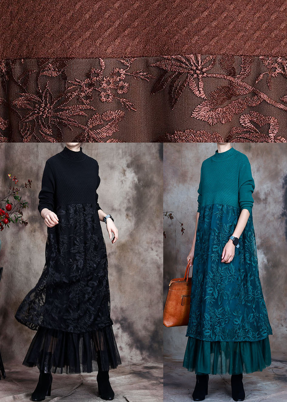 Black Knit Patchwork Asymmetrical Design Fall Knit Dress