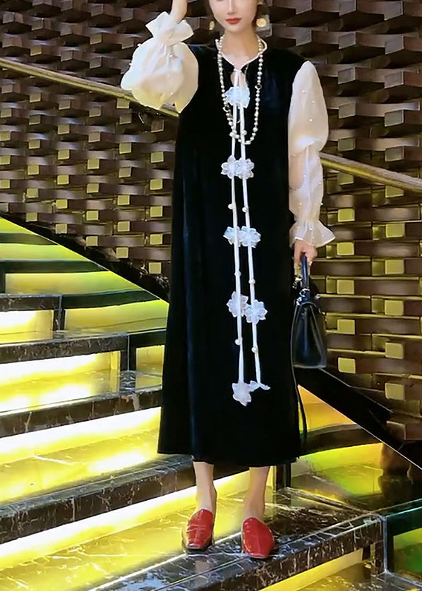 Black Nail Bead Patchwork Silk Velour Dresses Puff Sleeve