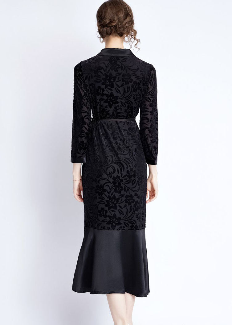 Black Notched Lace Up Jacquard Patchwork Silk Long Dresses Fall