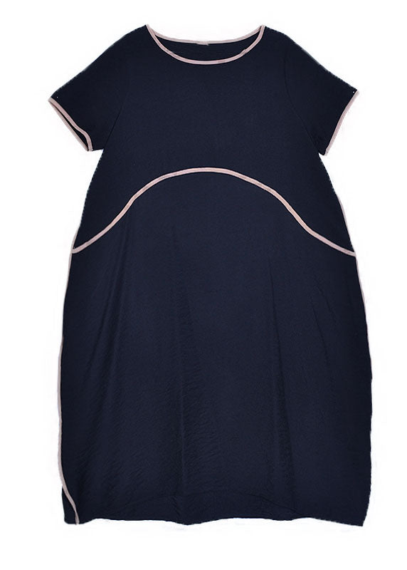 Black O Neck Patchwork Linen Dress Summer