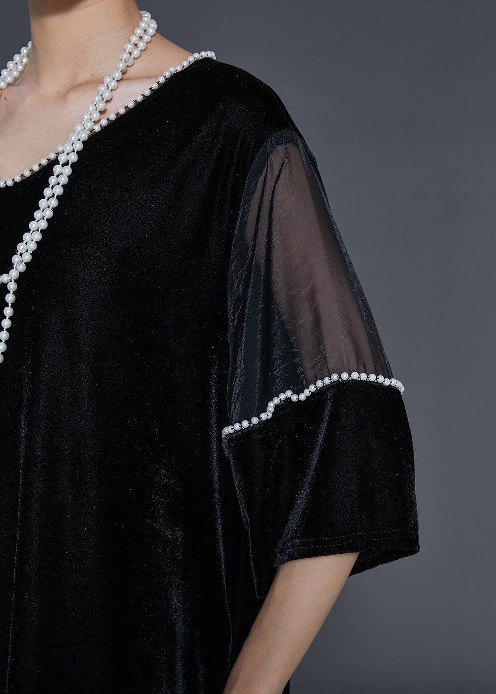 Black Oversized Patchwork Nail Bead Silk Velvet Dress Spring