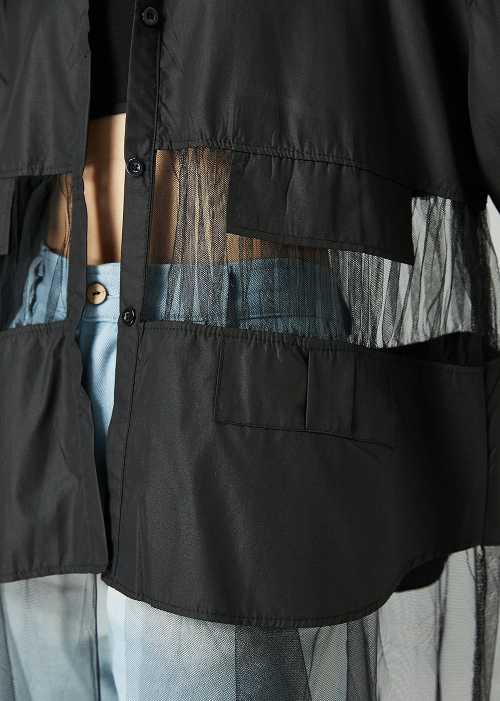 Black Oversized Tulle Patchwork Hollow Out Cotton Long Coat Summer