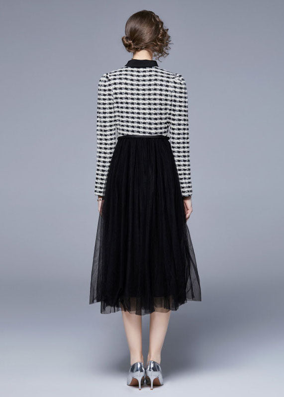 Black Peter Pan Collar Patchwork Tulle Cinch Dress Spring
