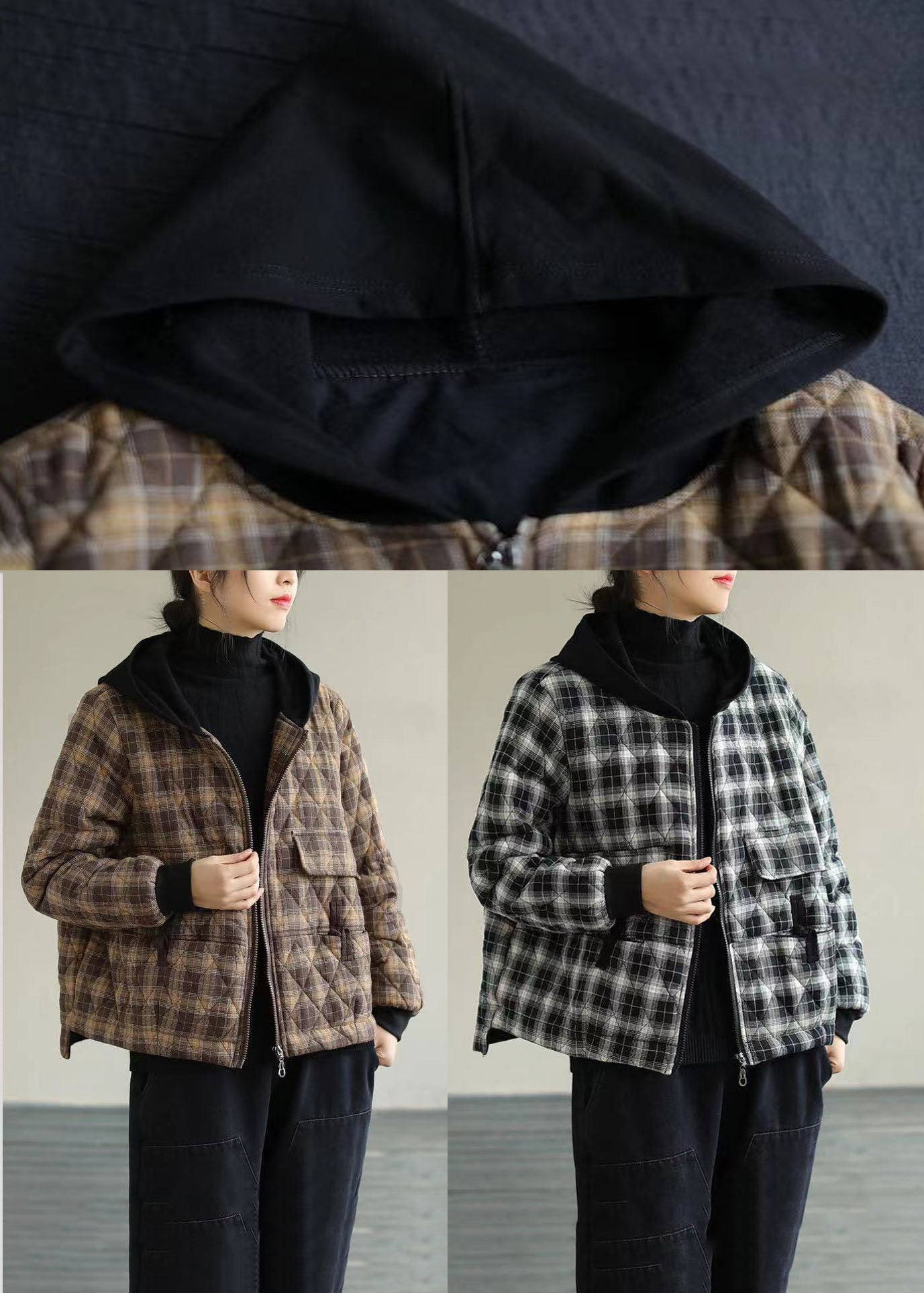 Black Plaid Hooded Fine Cotton Filled Puffers Jackets Winter